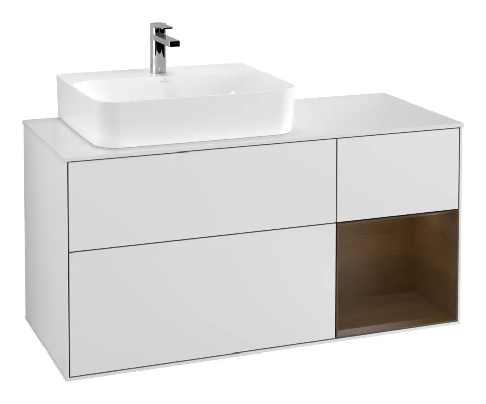 Villeroy & Boch Finion Waschbeckenunterschrank für Becken links Regal rechts für Finion / Memento 2.0 3 Auszüge mit Beleuchtung (3x LED) 1200 x 603 x 501 mm - White Matt Lacquer / Walnut Veneer / Glass White Matt Must-Have