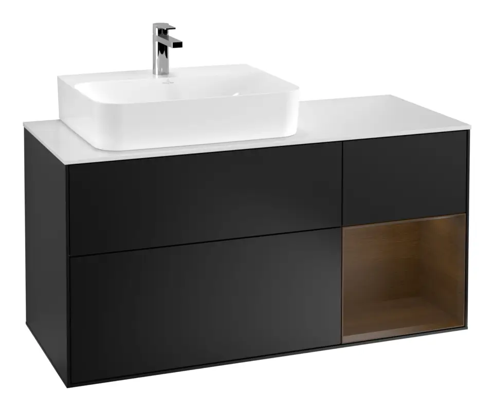 Villeroy & Boch Finion Waschbeckenunterschrank für Becken links Regal rechts für Finion / Memento 2.0 3 Auszüge mit Beleuchtung (3x LED) 1200 x 603 x 501 mm - Black Matt Lacquer / Walnut Veneer / Glass White Matt Echt