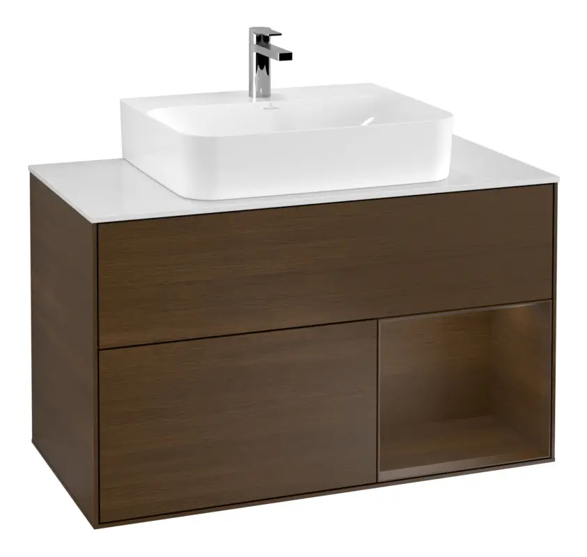 Super-Preis Villeroy & Boch Finion Waschbeckenunterschrank für Becken mittig Regal rechts für Finion / Memento 2.0 2 Auszüge mit Beleuchtung (1x LED) 1000 x 603 x 501 mm - Walnut Veneer / Glass White Matt