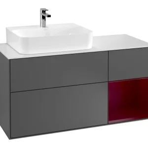 Zertifiziert Villeroy & Boch Finion Waschbeckenunterschrank für Becken links Regal rechts für Finion / Memento 2.0 3 Auszüge mit Beleuchtung (3x LED) 1200 x 603 x 501 mm - Anthracite Matt Lacquer / Peony Matt Lacquer / Glass White Matt