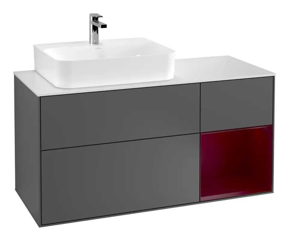 Zertifiziert Villeroy & Boch Finion Waschbeckenunterschrank für Becken links Regal rechts für Finion / Memento 2.0 3 Auszüge mit Beleuchtung (3x LED) 1200 x 603 x 501 mm - Anthracite Matt Lacquer / Peony Matt Lacquer / Glass White Matt