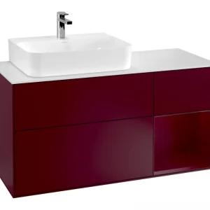Abverkauf Villeroy & Boch Finion Waschbeckenunterschrank für Becken links Regal rechts für Finion / Memento 2.0 3 Auszüge mit Beleuchtung (3x LED) 1200 x 603 x 501 mm - Peony Matt Lacquer / Glass White Matt