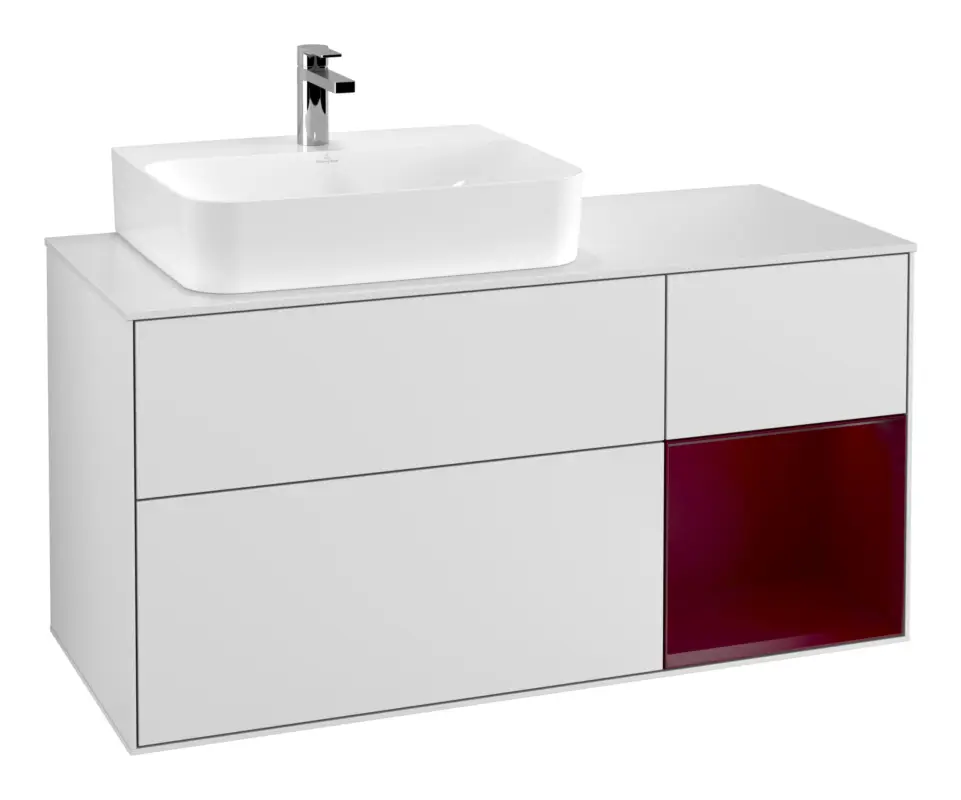 Villeroy & Boch Finion Waschbeckenunterschrank für Becken links Regal rechts für Finion / Memento 2.0 3 Auszüge mit Beleuchtung (3x LED) 1200 x 603 x 501 mm - White Matt Lacquer / Peony Matt Lacquer / Glass White Matt Super-Preis