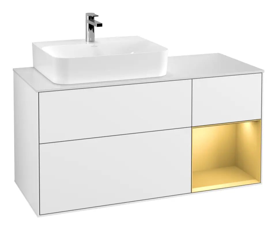 Top-Preis Villeroy & Boch Finion Waschbeckenunterschrank für Becken links Regal rechts für Finion / Memento 2.0 3 Auszüge mit Beleuchtung (3x LED) 1200 x 603 x 501 mm - Glossy White Lacquer / Gold Matt Lacquer / Glass White Matt