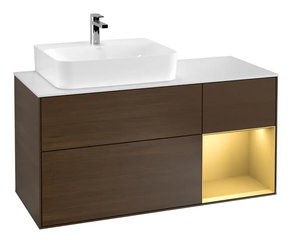 Villeroy & Boch Finion Waschbeckenunterschrank für Becken links Regal rechts für Finion / Memento 2.0 3 Auszüge mit Beleuchtung (3x LED) 1200 x 603 x 501 mm - Walnut Veneer / Gold Matt Lacquer / Glass White Matt Sale
