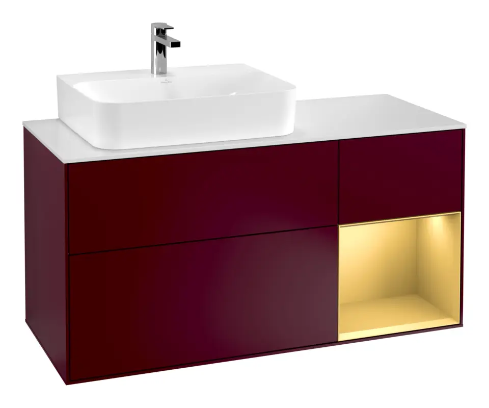 Ausverkauf Villeroy & Boch Finion Waschbeckenunterschrank für Becken links Regal rechts für Finion / Memento 2.0 3 Auszüge mit Beleuchtung (3x LED) 1200 x 603 x 501 mm - Peony Matt Lacquer / Gold Matt Lacquer / Glass White Matt