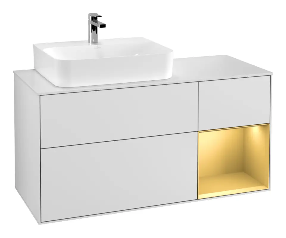 Direkt Vom Hersteller Villeroy & Boch Finion Waschbeckenunterschrank für Becken links Regal rechts für Finion / Memento 2.0 3 Auszüge mit Beleuchtung (3x LED) 1200 x 603 x 501 mm - White Matt Lacquer / Gold Matt Lacquer / Glass White Matt