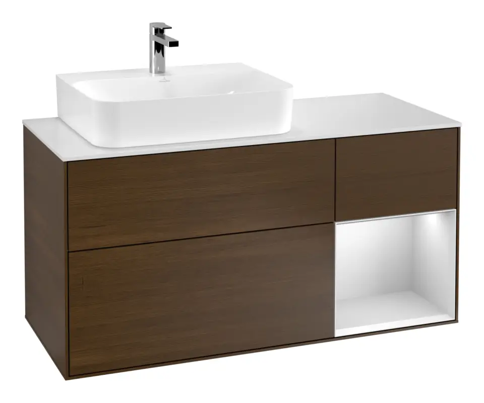 Sofort Bestellen Villeroy & Boch Finion Waschbeckenunterschrank für Becken links Regal rechts für Finion / Memento 2.0 3 Auszüge mit Beleuchtung (3x LED) 1200 x 603 x 501 mm - Walnut Veneer / White Matt Lacquer / Glass White Matt