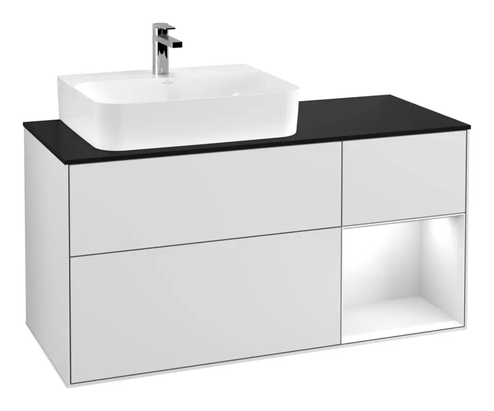 Direkt Vom Hersteller Villeroy & Boch Finion Waschbeckenunterschrank für Becken links Regal rechts für Finion / Memento 2.0 3 Auszüge mit Beleuchtung (3x LED) 1200 x 603 x 501 mm - White Matt Lacquer / Glossy White Lacquer / Glass Black Matt