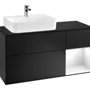 Abverkauf Villeroy & Boch Finion Waschbeckenunterschrank für Becken links Regal rechts für Finion / Memento 2.0 3 Auszüge mit Beleuchtung (3x LED) 1200 x 603 x 501 mm - Black Matt Lacquer / Glossy White Lacquer / Glass Black Matt