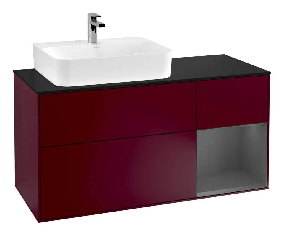 Neu Villeroy & Boch Finion Waschbeckenunterschrank für Becken links Regal rechts für Finion / Memento 2.0 3 Auszüge mit Beleuchtung (3x LED) 1200 x 603 x 501 mm - Peony Matt Lacquer / Anthracite Matt Lacquer / Glass Black Matt