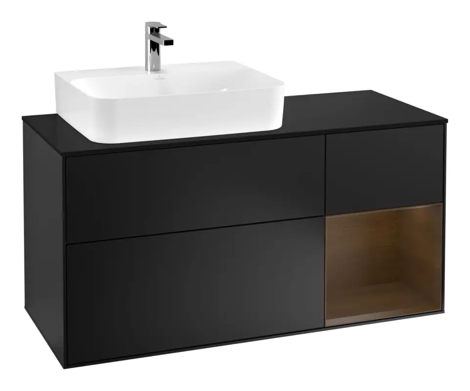 Preisknaller Villeroy & Boch Finion Waschbeckenunterschrank für Becken links Regal rechts für Finion / Memento 2.0 3 Auszüge mit Beleuchtung (3x LED) 1200 x 603 x 501 mm - Black Matt Lacquer / Walnut Veneer / Glass Black Matt
