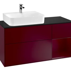 Zertifiziert Villeroy & Boch Finion Waschbeckenunterschrank für Becken links Regal rechts für Finion / Memento 2.0 3 Auszüge mit Beleuchtung (3x LED) 1200 x 603 x 501 mm - Peony Matt Lacquer / Glass Black Matt