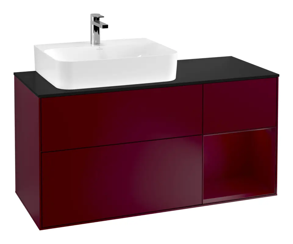 Zertifiziert Villeroy & Boch Finion Waschbeckenunterschrank für Becken links Regal rechts für Finion / Memento 2.0 3 Auszüge mit Beleuchtung (3x LED) 1200 x 603 x 501 mm - Peony Matt Lacquer / Glass Black Matt