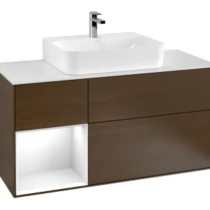 Zertifiziert Villeroy & Boch Finion Waschbeckenunterschrank für Becken mittig Regal links für Finion / Memento 2.0 3 Auszüge mit Beleuchtung (3x LED) 1200 x 603 x 501 mm - Walnut Veneer / Glossy White Lacquer / Glass White Matt