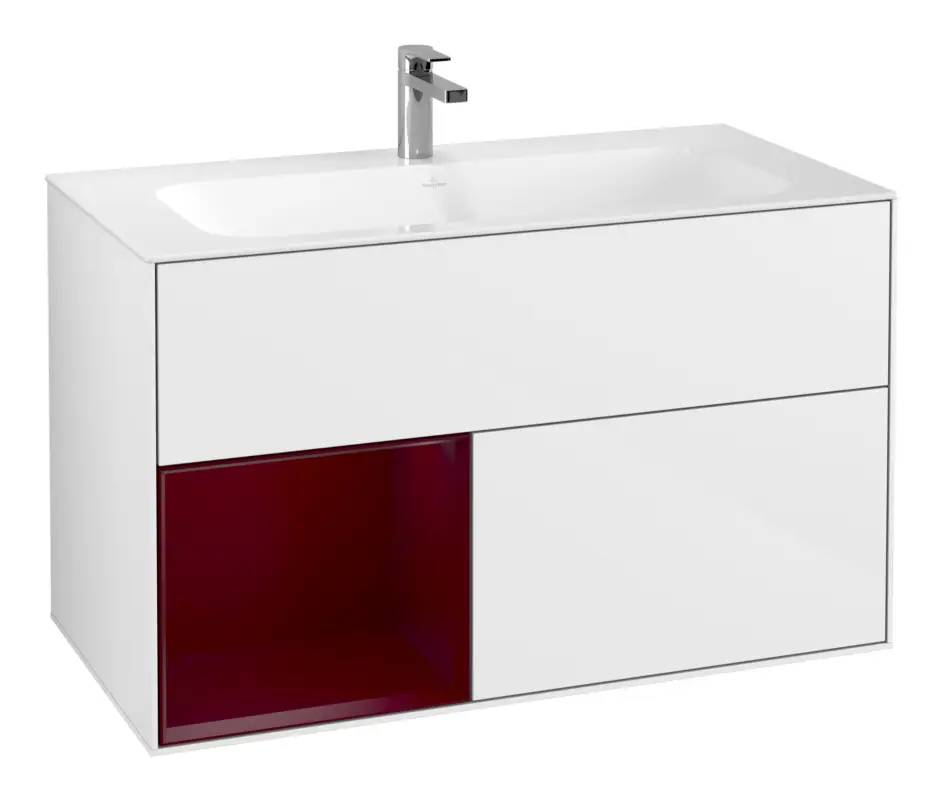 Direkt Vom Hersteller Villeroy & Boch Finion Waschbeckenunterschrank für Becken mittig Regal links für Finion 2 Auszüge mit Beleuchtung (1x LED) 996 x 591 x 498 mm - Glossy White Lacquer / Peony Matt Lacquer