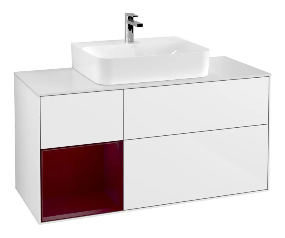 Online Kaufen Villeroy & Boch Finion Waschbeckenunterschrank für Becken mittig Regal links für Finion / Memento 2.0 3 Auszüge mit Beleuchtung (3x LED) 1200 x 603 x 501 mm - Glossy White Lacquer / Peony Matt Lacquer / Glass White Matt