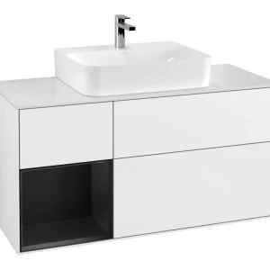 Zertifiziert Villeroy & Boch Finion Waschbeckenunterschrank für Becken mittig Regal links für Finion / Memento 2.0 3 Auszüge mit Beleuchtung (3x LED) 1200 x 603 x 501 mm - Glossy White Lacquer / Black Matt Lacquer / Glass White Matt