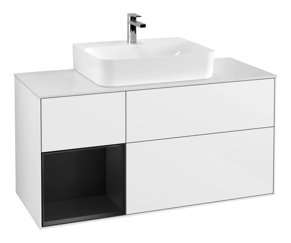 Zertifiziert Villeroy & Boch Finion Waschbeckenunterschrank für Becken mittig Regal links für Finion / Memento 2.0 3 Auszüge mit Beleuchtung (3x LED) 1200 x 603 x 501 mm - Glossy White Lacquer / Black Matt Lacquer / Glass White Matt