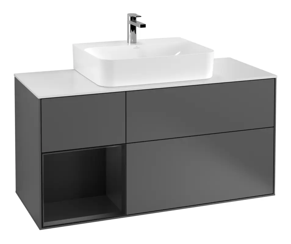 Villeroy & Boch Finion Waschbeckenunterschrank für Becken mittig Regal links für Finion / Memento 2.0 3 Auszüge mit Beleuchtung (3x LED) 1200 x 603 x 501 mm - Anthracite Matt Lacquer / Black Matt Lacquer / Glass White Matt Top-Preis