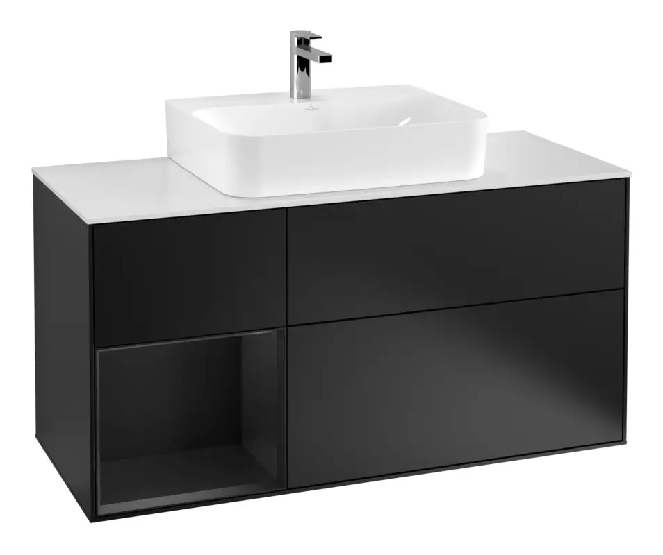 Top-Seller Villeroy & Boch Finion Waschbeckenunterschrank für Becken mittig Regal links für Finion / Memento 2.0 3 Auszüge mit Beleuchtung (3x LED) 1200 x 603 x 501 mm - Black Matt Lacquer / Glass White Matt