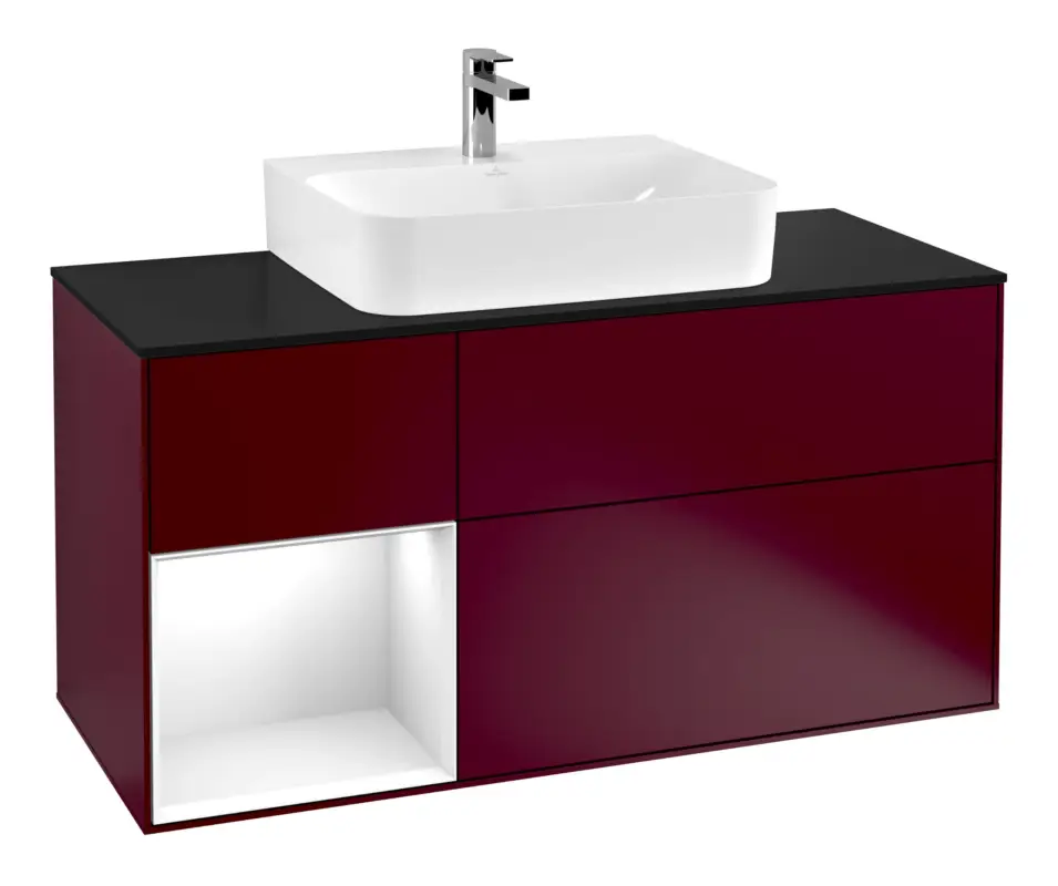 Villeroy & Boch Finion Waschbeckenunterschrank für Becken mittig Regal links für Finion / Memento 2.0 3 Auszüge mit Beleuchtung (3x LED) 1200 x 603 x 501 mm - Peony Matt Lacquer / Glossy White Lacquer / Glass Black Matt Neue Kollektion