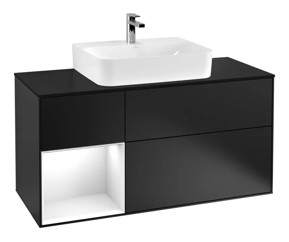 Preis Gesenkt Villeroy & Boch Finion Waschbeckenunterschrank für Becken mittig Regal links für Finion / Memento 2.0 3 Auszüge mit Beleuchtung (3x LED) 1200 x 603 x 501 mm - Black Matt Lacquer / Glossy White Lacquer / Glass Black Matt
