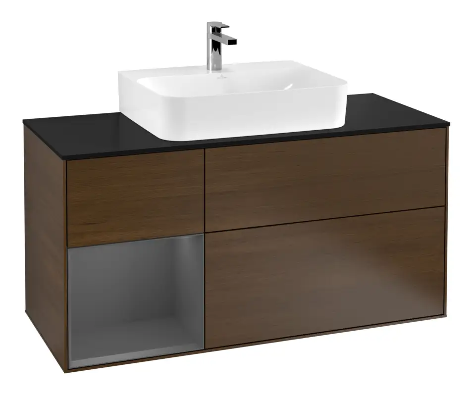 Villeroy & Boch Finion Waschbeckenunterschrank für Becken mittig Regal links für Finion / Memento 2.0 3 Auszüge mit Beleuchtung (3x LED) 1200 x 603 x 501 mm - Walnut Veneer / Anthracite Matt Lacquer / Glass Black Matt Bestpreis