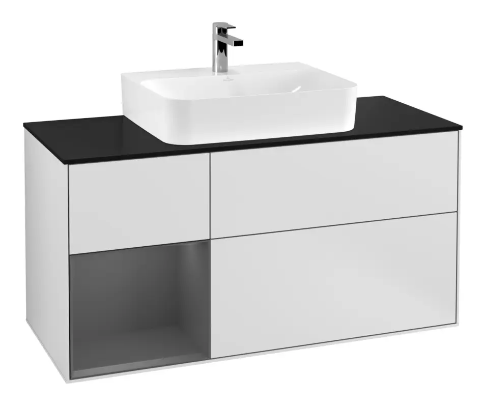 Sichere Zahlung Villeroy & Boch Finion Waschbeckenunterschrank für Becken mittig Regal links für Finion / Memento 2.0 3 Auszüge mit Beleuchtung (3x LED) 1200 x 603 x 501 mm - White Matt Lacquer / Anthracite Matt Lacquer / Glass Black Matt
