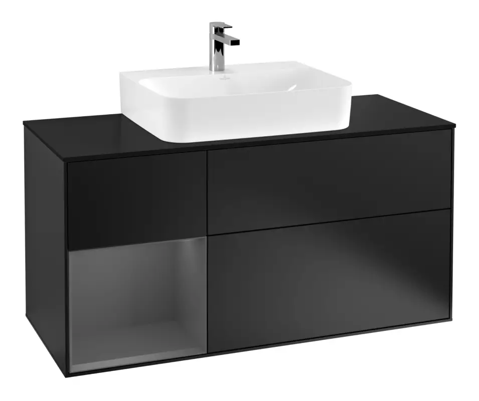 Letzte Chance Villeroy & Boch Finion Waschbeckenunterschrank für Becken mittig Regal links für Finion / Memento 2.0 3 Auszüge mit Beleuchtung (3x LED) 1200 x 603 x 501 mm - Black Matt Lacquer / Anthracite Matt Lacquer / Glass Black Matt
