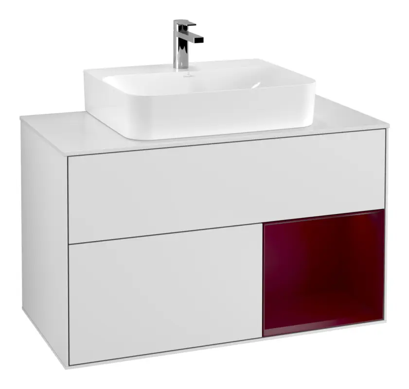 Villeroy & Boch Finion Waschbeckenunterschrank für Becken mittig Regal rechts für Finion / Memento 2.0 2 Auszüge mit Beleuchtung (1x LED) 1000 x 603 x 501 mm - White Matt Lacquer / Peony Matt Lacquer / Glass White Matt Knallerangebot