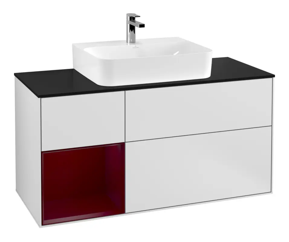 Villeroy & Boch Finion Waschbeckenunterschrank für Becken mittig Regal links für Finion / Memento 2.0 3 Auszüge mit Beleuchtung (3x LED) 1200 x 603 x 501 mm - White Matt Lacquer / Peony Matt Lacquer / Glass Black Matt Bestseller