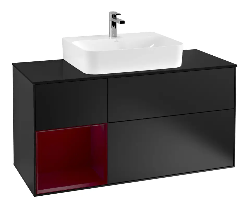 Bestpreis Villeroy & Boch Finion Waschbeckenunterschrank für Becken mittig Regal links für Finion / Memento 2.0 3 Auszüge mit Beleuchtung (3x LED) 1200 x 603 x 501 mm - Black Matt Lacquer / Peony Matt Lacquer / Glass Black Matt