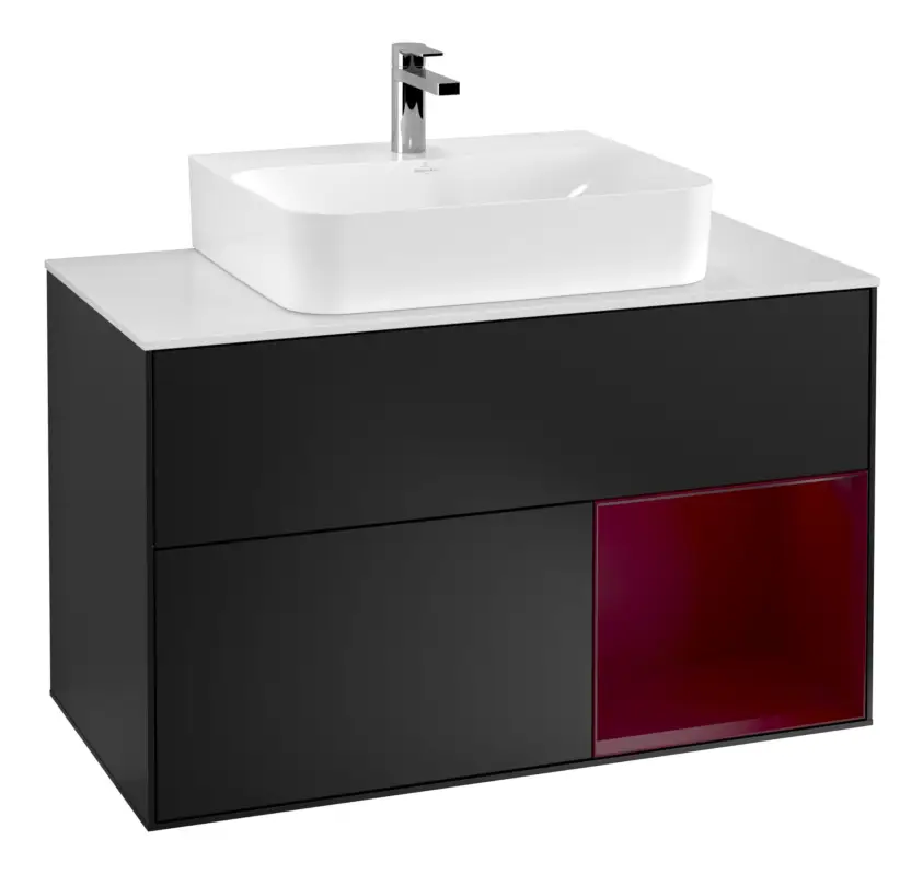 Villeroy & Boch Finion Waschbeckenunterschrank für Becken mittig Regal rechts für Finion / Memento 2.0 2 Auszüge mit Beleuchtung (1x LED) 1000 x 603 x 501 mm - Black Matt Lacquer / Peony Matt Lacquer / Glass White Matt Top-Preis