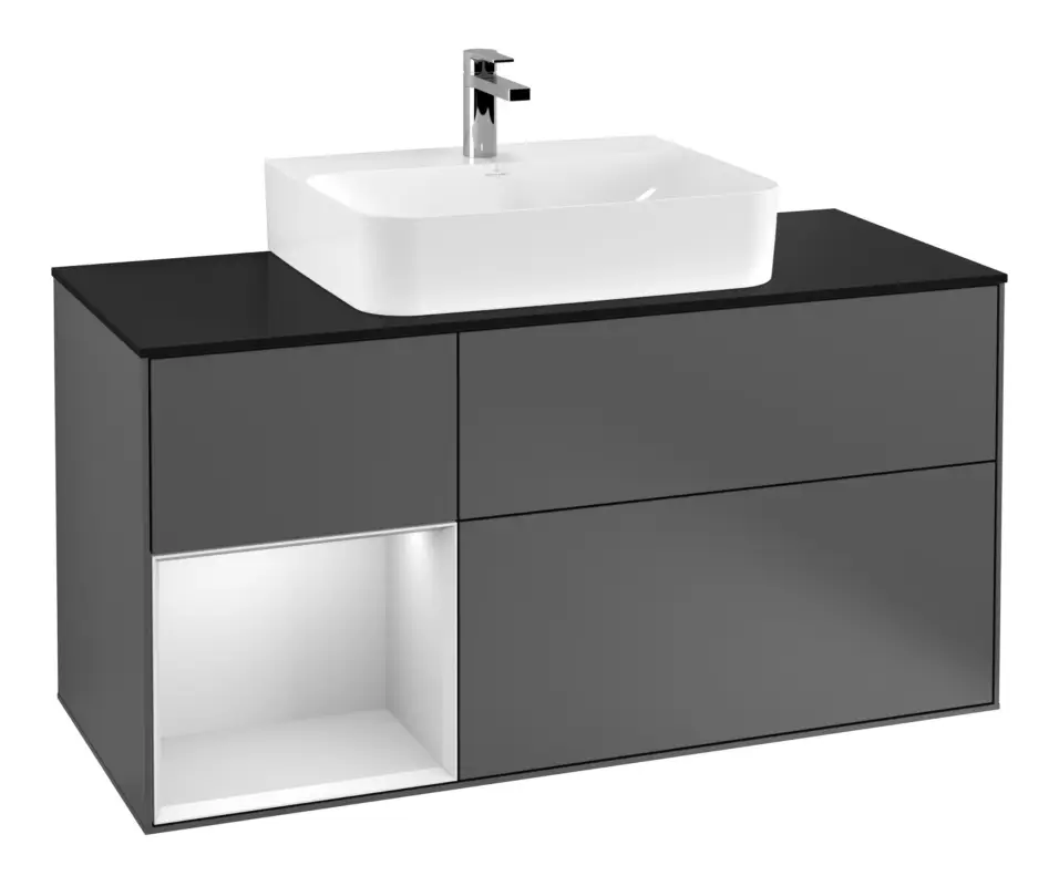 Villeroy & Boch Finion Waschbeckenunterschrank für Becken mittig Regal links für Finion / Memento 2.0 3 Auszüge mit Beleuchtung (3x LED) 1200 x 603 x 501 mm - Anthracite Matt Lacquer / White Matt Lacquer / Glass Black Matt Garantierte Lieferung
