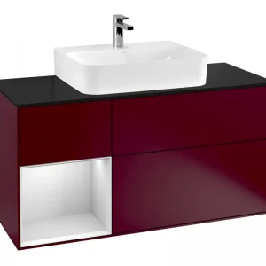 Abverkauf Villeroy & Boch Finion Waschbeckenunterschrank für Becken mittig Regal links für Finion / Memento 2.0 3 Auszüge mit Beleuchtung (3x LED) 1200 x 603 x 501 mm - Peony Matt Lacquer / White Matt Lacquer / Glass Black Matt