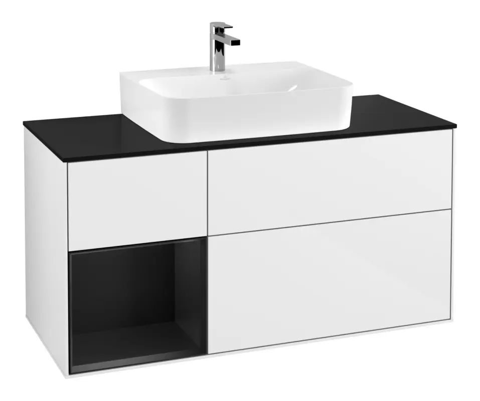 Garantierte Lieferung Villeroy & Boch Finion Waschbeckenunterschrank für Becken mittig Regal links für Finion / Memento 2.0 3 Auszüge mit Beleuchtung (3x LED) 1200 x 603 x 501 mm - Glossy White Lacquer / Black Matt Lacquer / Glass Black Matt