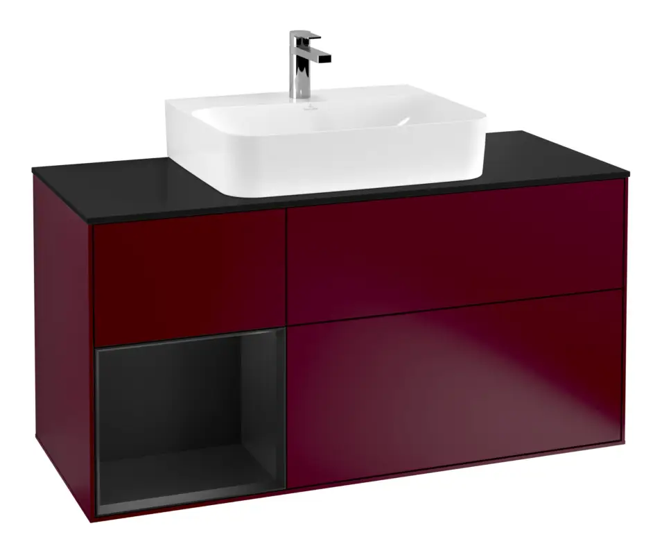Online Kaufen Villeroy & Boch Finion Waschbeckenunterschrank für Becken mittig Regal links für Finion / Memento 2.0 3 Auszüge mit Beleuchtung (3x LED) 1200 x 603 x 501 mm - Peony Matt Lacquer / Black Matt Lacquer / Glass Black Matt
