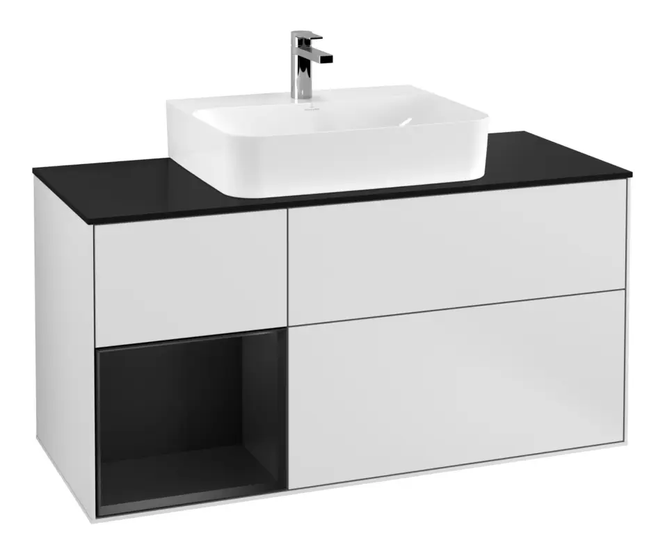 Villeroy & Boch Finion Waschbeckenunterschrank für Becken mittig Regal links für Finion / Memento 2.0 3 Auszüge mit Beleuchtung (3x LED) 1200 x 603 x 501 mm - White Matt Lacquer / Black Matt Lacquer / Glass Black Matt Preisknaller