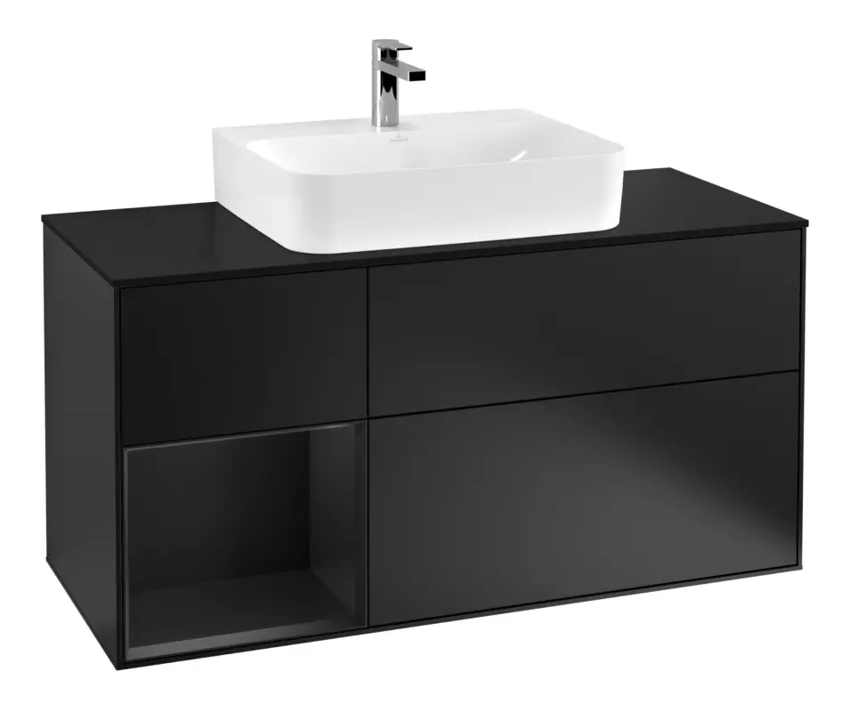 Kracherpreis Villeroy & Boch Finion Waschbeckenunterschrank für Becken mittig Regal links für Finion / Memento 2.0 3 Auszüge mit Beleuchtung (3x LED) 1200 x 603 x 501 mm - Black Matt Lacquer / Glass Black Matt