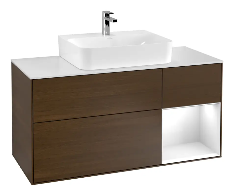 Villeroy & Boch Finion Waschbeckenunterschrank für Becken mittig Regal rechts für Finion / Memento 2.0 3 Auszüge mit Beleuchtung (3x LED) 1200 x 603 x 501 mm - Walnut Veneer / Glossy White Lacquer / Glass White Matt Angebot