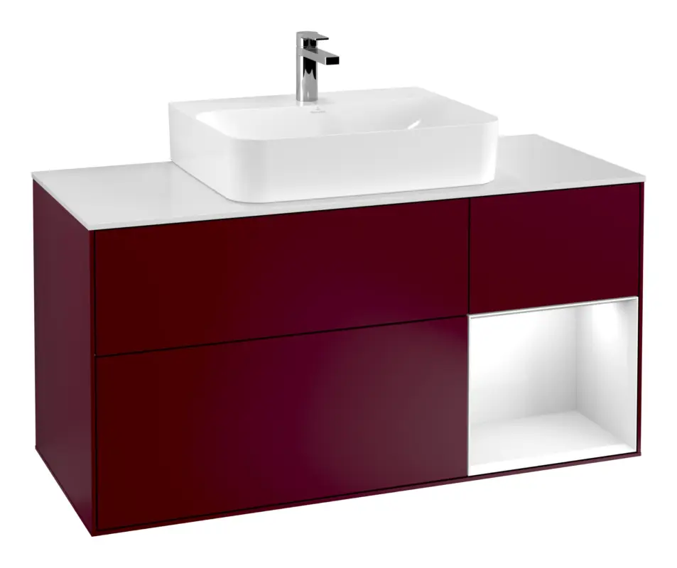 Jetzt Bestellen Villeroy & Boch Finion Waschbeckenunterschrank für Becken mittig Regal rechts für Finion / Memento 2.0 3 Auszüge mit Beleuchtung (3x LED) 1200 x 603 x 501 mm - Peony Matt Lacquer / Glossy White Lacquer / Glass White Matt