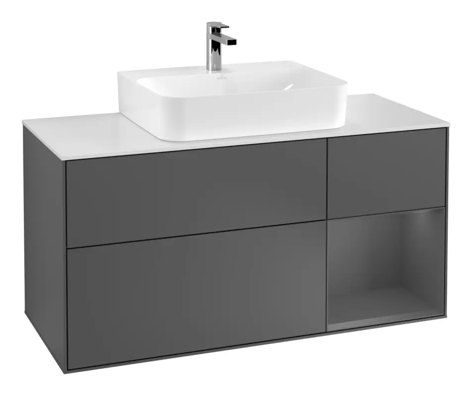 Villeroy & Boch Finion Waschbeckenunterschrank für Becken mittig Regal rechts für Finion / Memento 2.0 3 Auszüge mit Beleuchtung (3x LED) 1200 x 603 x 501 mm - Anthracite Matt Lacquer / Glass White Matt Direkt Vom Hersteller