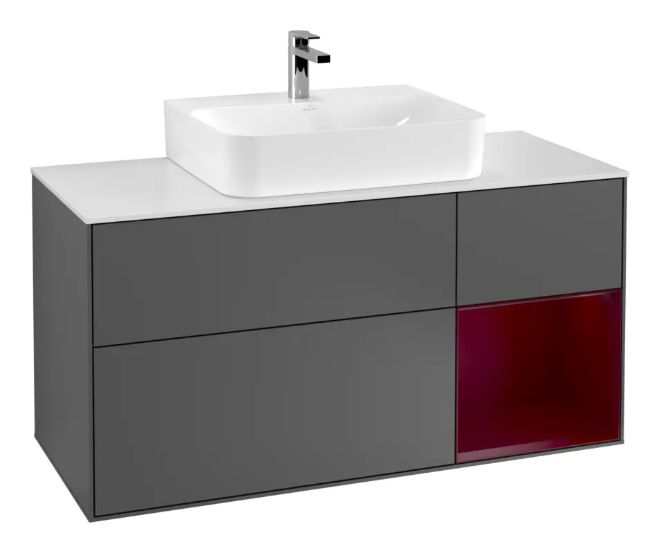 Neue Ware Villeroy & Boch Finion Waschbeckenunterschrank für Becken mittig Regal rechts für Finion / Memento 2.0 3 Auszüge mit Beleuchtung (3x LED) 1200 x 603 x 501 mm - Anthracite Matt Lacquer / Peony Matt Lacquer / Glass White Matt