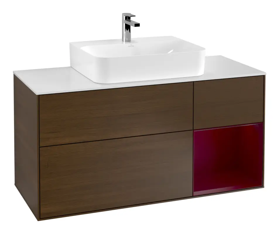Villeroy & Boch Finion Waschbeckenunterschrank für Becken mittig Regal rechts für Finion / Memento 2.0 3 Auszüge mit Beleuchtung (3x LED) 1200 x 603 x 501 mm - Walnut Veneer / Peony Matt Lacquer / Glass White Matt Wochenendangebot