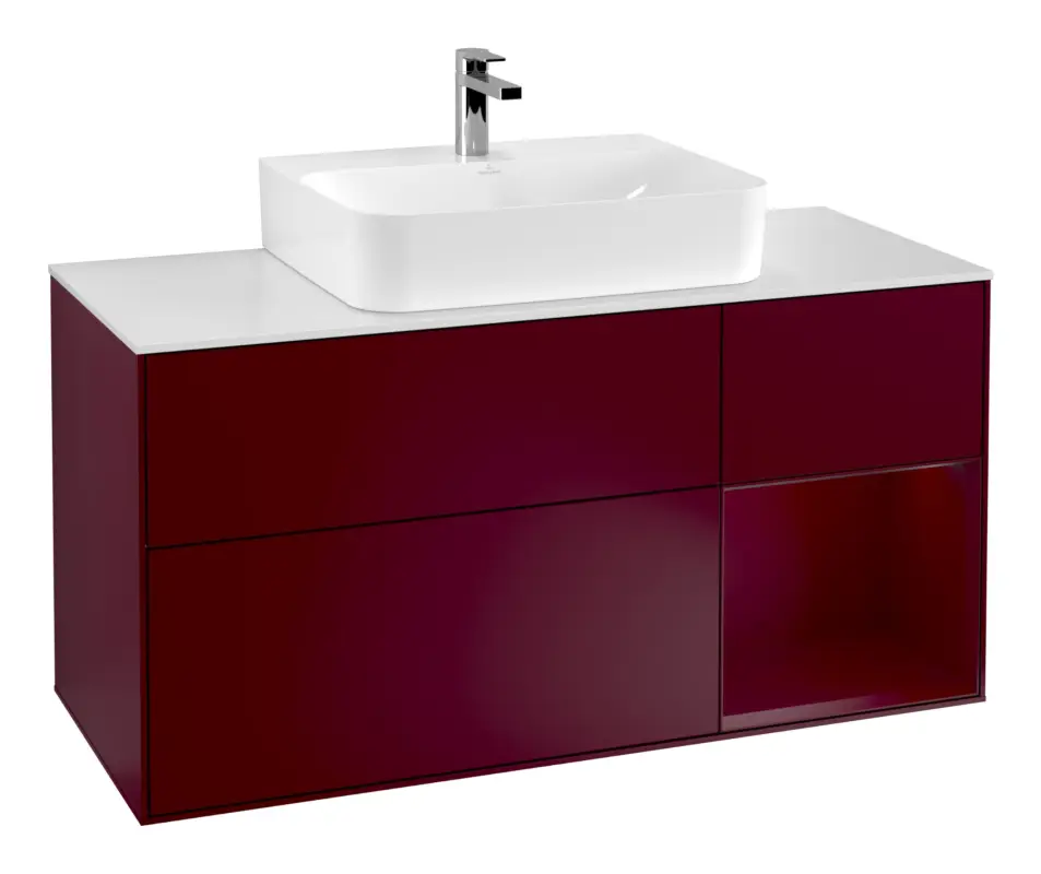 Neu Im Sortiment Villeroy & Boch Finion Waschbeckenunterschrank für Becken mittig Regal rechts für Finion / Memento 2.0 3 Auszüge mit Beleuchtung (3x LED) 1200 x 603 x 501 mm - Peony Matt Lacquer / Glass White Matt