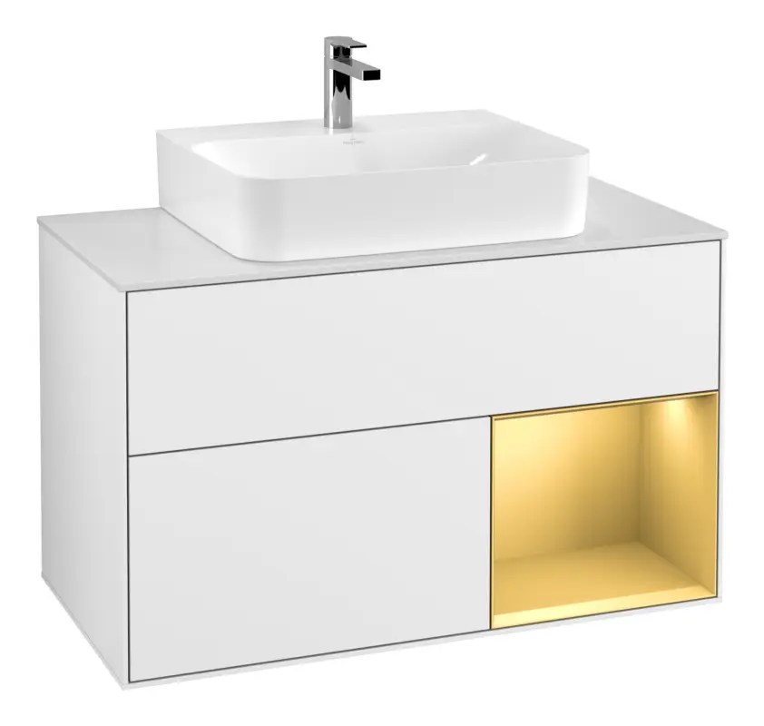 Villeroy & Boch Finion Waschbeckenunterschrank für Becken mittig Regal rechts für Finion / Memento 2.0 2 Auszüge mit Beleuchtung (1x LED) 1000 x 603 x 501 mm - Glossy White Lacquer / Gold Matt Lacquer / Glass White Matt Wochenendangebot
