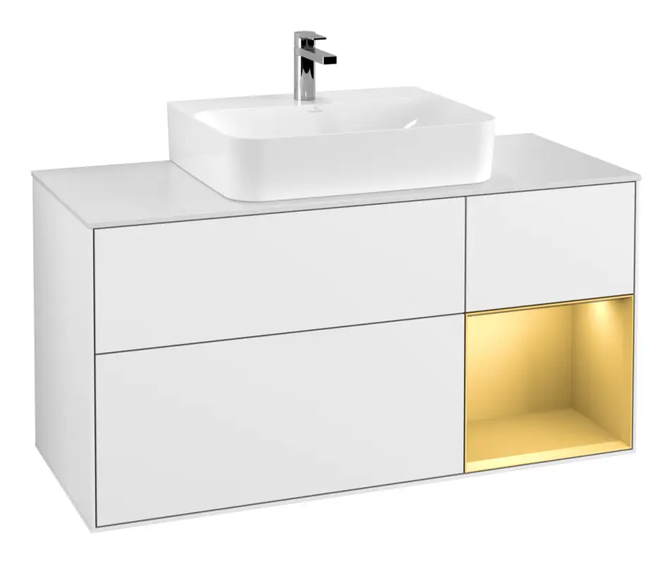 Villeroy & Boch Finion Waschbeckenunterschrank für Becken mittig Regal rechts für Finion / Memento 2.0 3 Auszüge mit Beleuchtung (3x LED) 1200 x 603 x 501 mm - Glossy White Lacquer / Gold Matt Lacquer / Glass White Matt Markenware