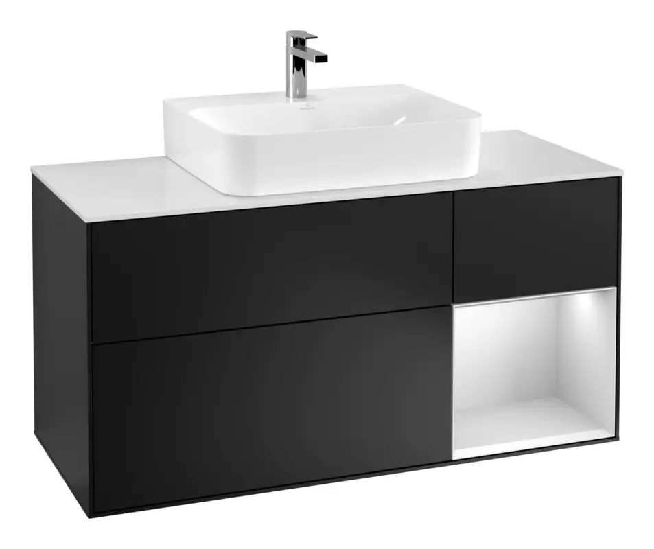 Versand Am Gleichen Tag Villeroy & Boch Finion Waschbeckenunterschrank für Becken mittig Regal rechts für Finion / Memento 2.0 3 Auszüge mit Beleuchtung (3x LED) 1200 x 603 x 501 mm - Black Matt Lacquer / White Matt Lacquer / Glass White Matt