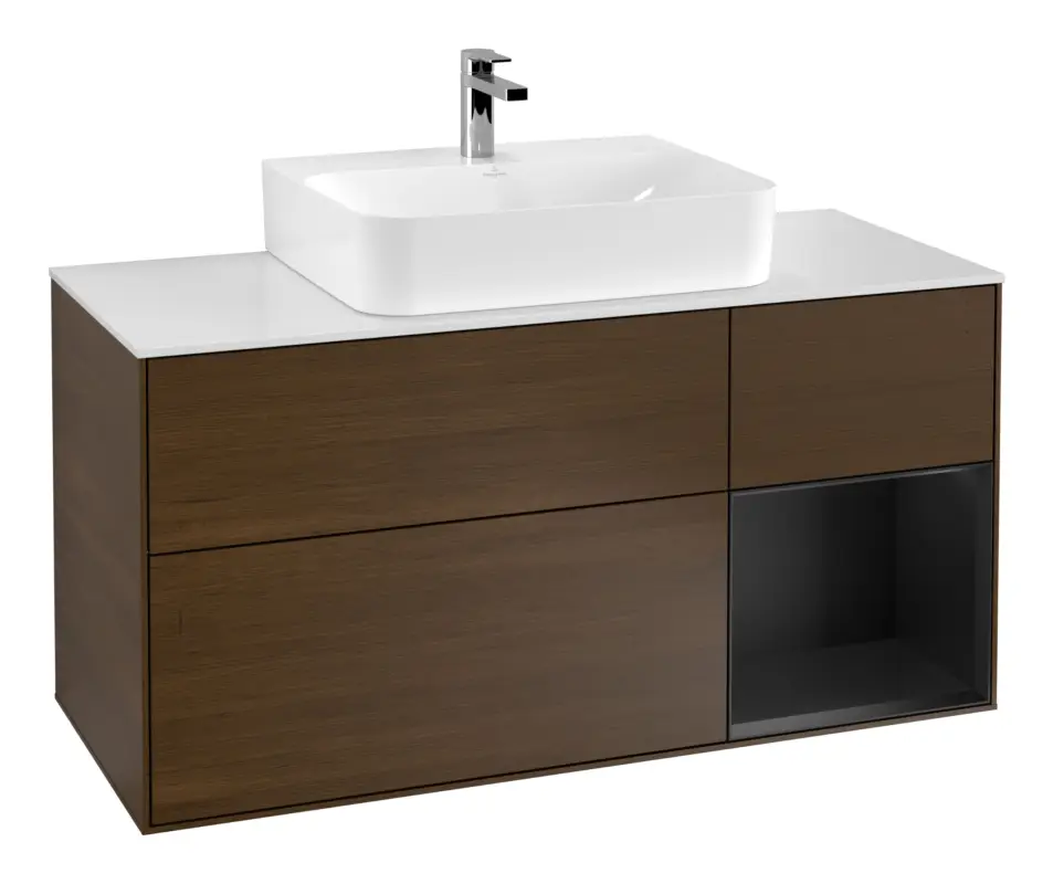 Sonderangebot Villeroy & Boch Finion Waschbeckenunterschrank für Becken mittig Regal rechts für Finion / Memento 2.0 3 Auszüge mit Beleuchtung (3x LED) 1200 x 603 x 501 mm - Walnut Veneer / Black Matt Lacquer / Glass White Matt